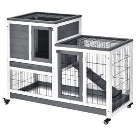 Elevated Bunny Cage Indoor Rabbit Hutch with Wheels Ramp Removable Tray for Guinea Pigs Gray